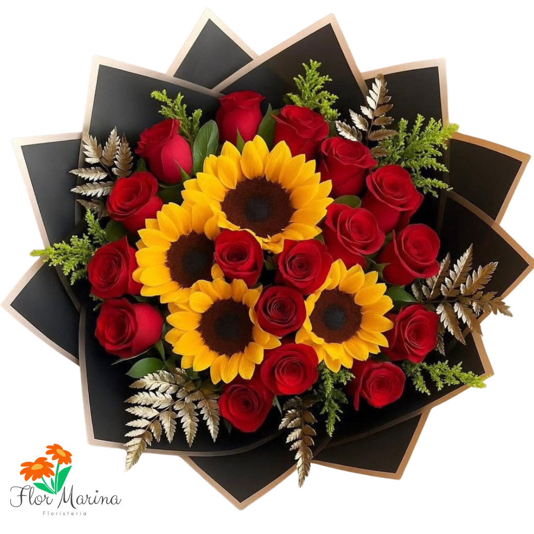 arreglo de rosas con girasoles