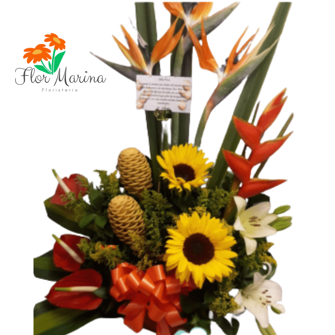 Arreglo con Anturios Rojos, girasoles, heliconias