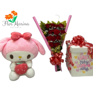 Bouquet de rosas, peluche, Caja y Chocolates