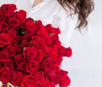 large bouquet of red roses close up in women's hands.